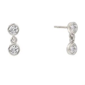 Nickel Free Double Bezel Stud Drop Earrings 925 Sterling Silver Cubic Zirconia